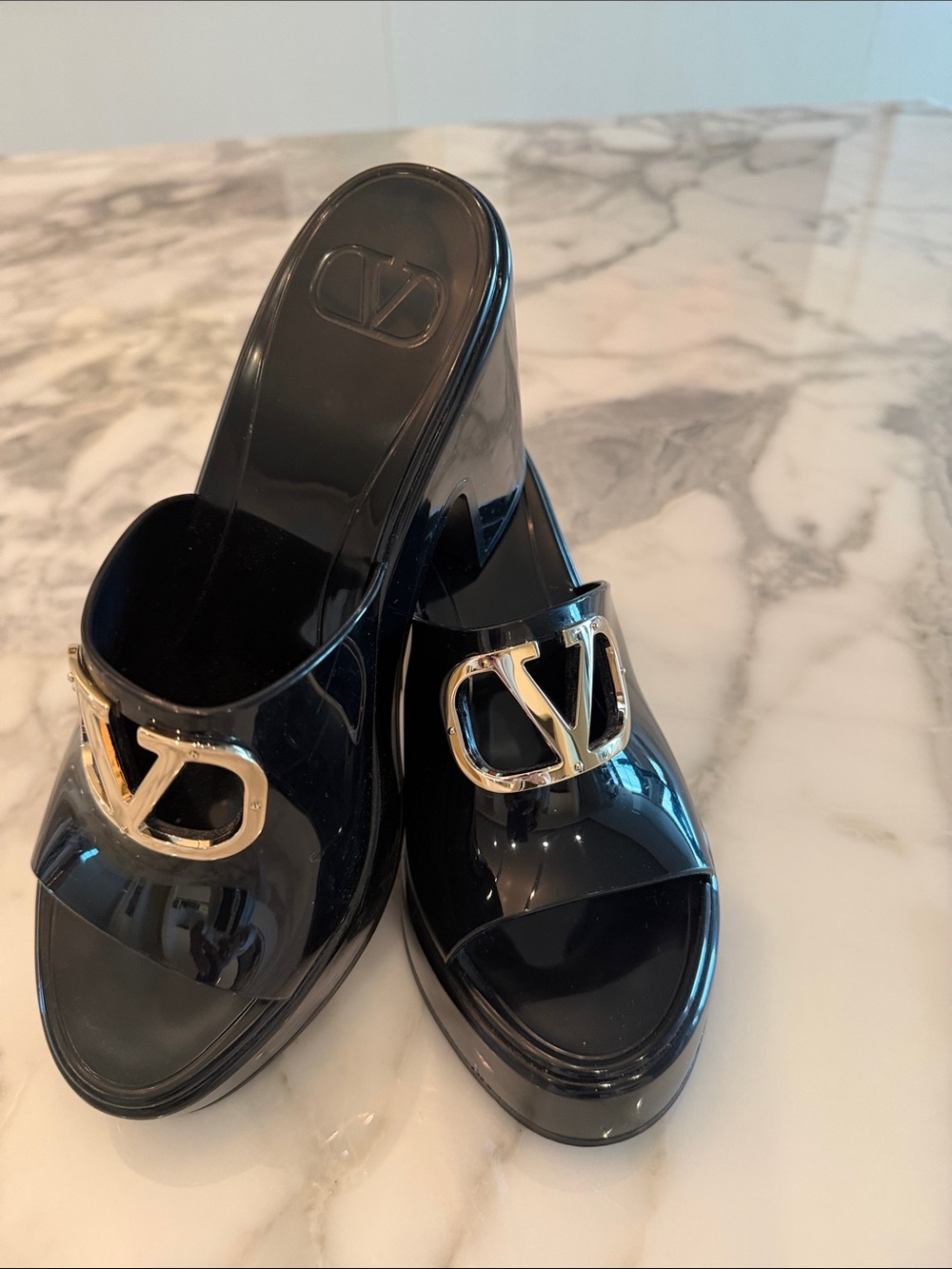 Valentino Black Patent Logo Slide Mules with Gold V Hardware